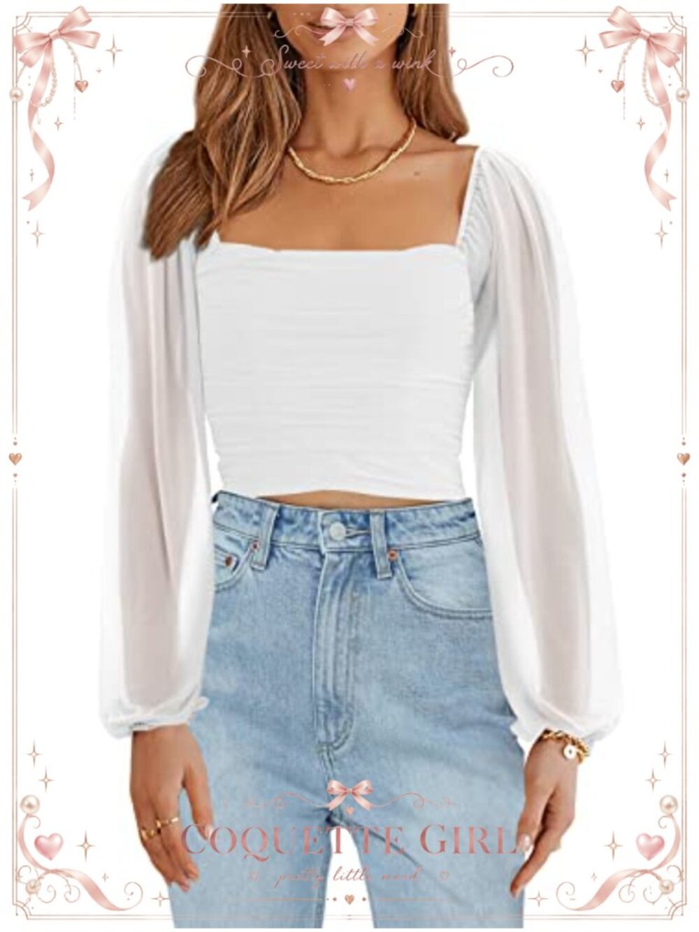 Mesh Long Sleeve Puff Sleeve Crop Top Square Neck Ruched Blouse